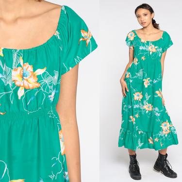 Floral Hawaiian Dress 80s Tropical Midi Summer Dress Green Flounce Ruffle Bohemian 1980s Short Sleeve Empire Waist Medium 