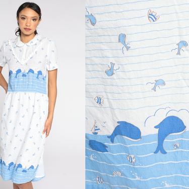 Nautical Whale Dress Midi Button Up 80s Peter Pan Collar Dress Vintage Animal Novelty Print High Waist White Blue Short Puff Sleeve Small S 