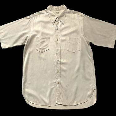 Vintage 1930s/1940s LION of TROY Rayon Gabardine Shirt ~ size M ~ Spearpoint / Dagger Collar ~ Gab ~ Gussets ~ Repaired ~ Work Wear 
