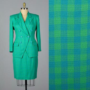 XL 1990s Christian Dior Deadstock Skirt Suit Blue Green Gingham Check Suit Rayon Separates Blazer Pencil Skirt 90s Vintage 