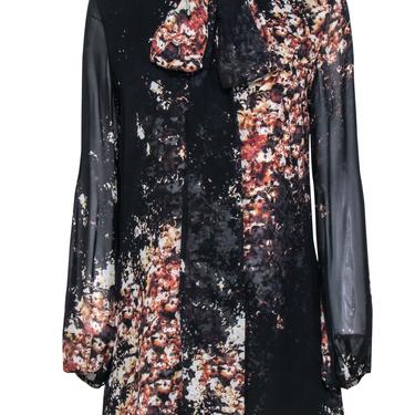 Intermix - Black & Brown Floral Print Silk Shift Dress w/ Necktie Sz M