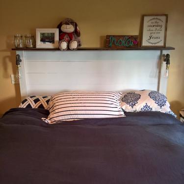 Rustic Headboard - Handmade Industrial Pipe &amp; Solid Wood bed w/ lights / Bedroom / pipe light / edison bulb / vintage. Made to order 