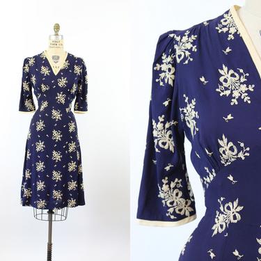 1940s EMBROIDERED bow rayon dress small | new winter 