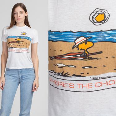 80s &quot;Where's The Chicks?&quot; Woodstock Peanuts T Shirt - Petite XS | Vintage White Cropped Comic Strip Graphic Tee 