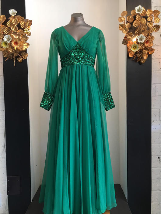 1960s formal gown vintage 60s dress green chiffon dress mike Black Label Vintage Tacoma WA