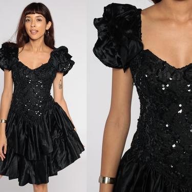 1980s Vintage LA GLO Black Sequins and Satin Formal Dress / Cocktail Dress  / Prom Dress / Goth 