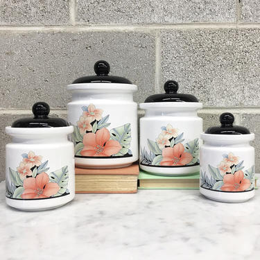 Vintage Canister Set Retro 1980s Contemporary + Ceramic + Hibiscus Flower Design + Set of 4 + Various Sizes + Kitchen Storage + Home Decor 