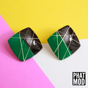 Rad Vintage 80s 90s Green Black White Square Abstract Geometric Earrings 