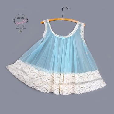 Vintage Baby Doll Nighty, 1960's Sheer Blue Lace Short Flared Sweeping Nightie, Campy Lingerie 1970's Teddy 