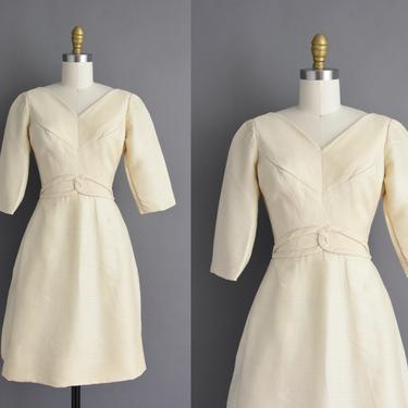 vintage 1950s dress | Gorgeous Ivory Silk Holiday Cocktail Party Dress | Small | 50s vintage dress 