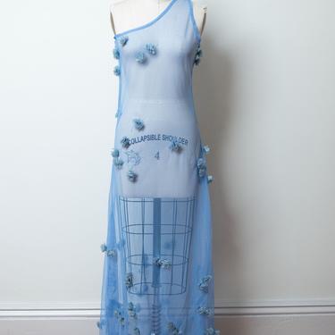 Y2K Blue Mesh Dress / Sheer One Shoulder Embroidered Appliqué Dress 