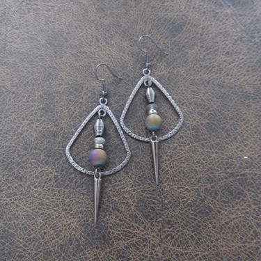 Gunmetal hoop earrings, gypsy earrings, rainbow druzy agate earrings, boho bohemian earrings, hippie statement unique modern earrings 