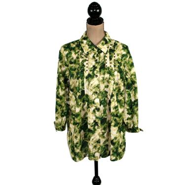 Green Cotton Blouse Large, Oversized Button Up Shirt, Collared Tunic Top, Casual Clothes for Women, Vintage Clothing from JM Collection 