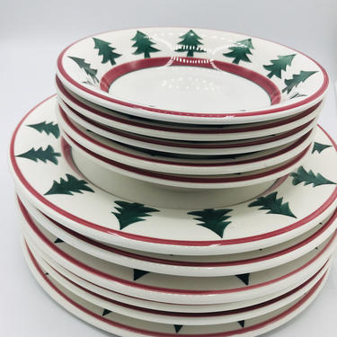 12 PC Pier 1 Christmas Tree Dinner Plates and  Bowls 6 each - Made in Italy White Red Trim -Perfect Gift for Holidays 