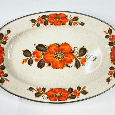 MCM Show Pans Sanko Ware Japan Enamel  Orange Flower Serving Platter 