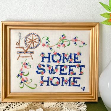 Needlework Embroidery Decor, Hand Stitched, Home Sweet Home, Wood Frame, Wall Frame, 1987 Vintage 