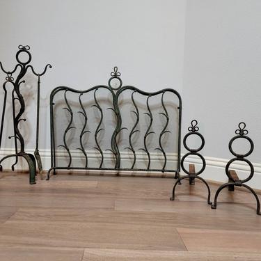 French Art Deco Antique Sculptural Iron Fireplace Set, 7 Piece, Firescreen Chenets Andirons Tools Stand 