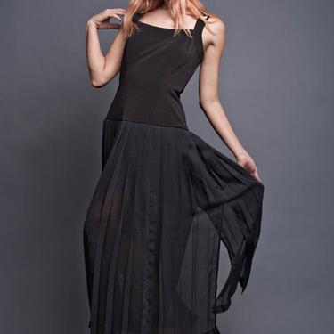 scarf dress, sheer long black dress Vintage 80s Maxi Pleated Flowy Panels Black Tank strappy Gown M 8 MEDIUM 