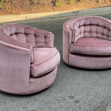 Large Mid-Century Champagne Barrel Swivel Lounge Chairs - a Pair 
