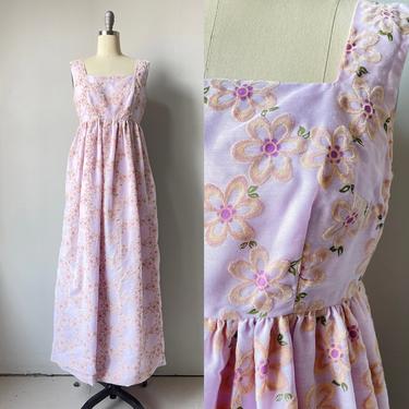 1970s Maxi Dress Floral Flocked S 