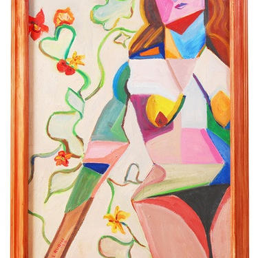 Original 70's Cubist Nude Portrait Painting Spilled Paint Design