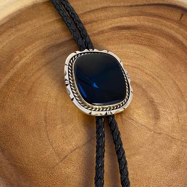 BLACK GOLD Vintage Sterling Silver &amp; Onyx Bolo Tie with Leather Cord | Native American Navajo Southwestern Jewelry 