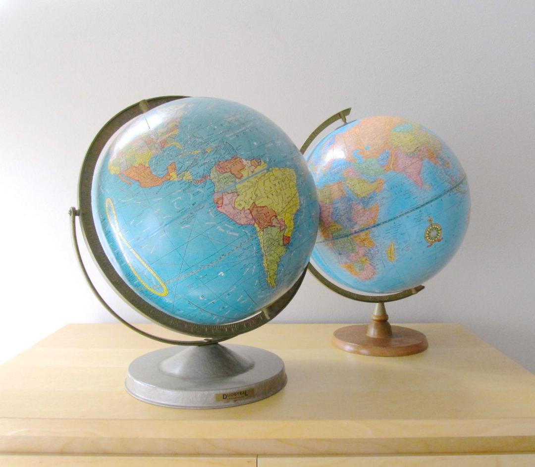 vintage world globe - double axis duogyral - metal base 1950