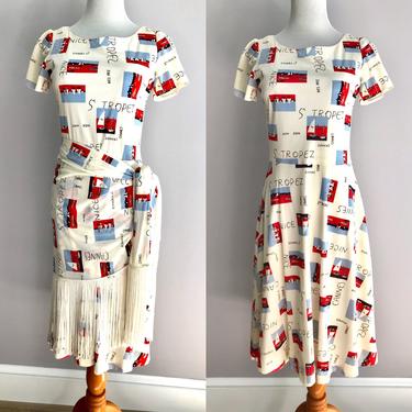 Vintage Mr Blackwell Dress French Riviera Novelty Print Dress, Beach Shawl with Fringe Nice St. Tropez Cannes Boat Print Size S M 