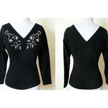 Lovely 1950's Designer  Beaded Black Wool Blouse with Dramatic Plunging Neckline & Dolman "Bat" Sleeves Size Small 