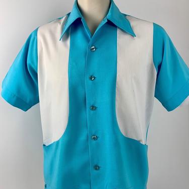 1970'S-80's Bowling Shirt - 2-Tone Blue & White - All Rayon  - 2 Concealed Pockets - Men's Size Medium 