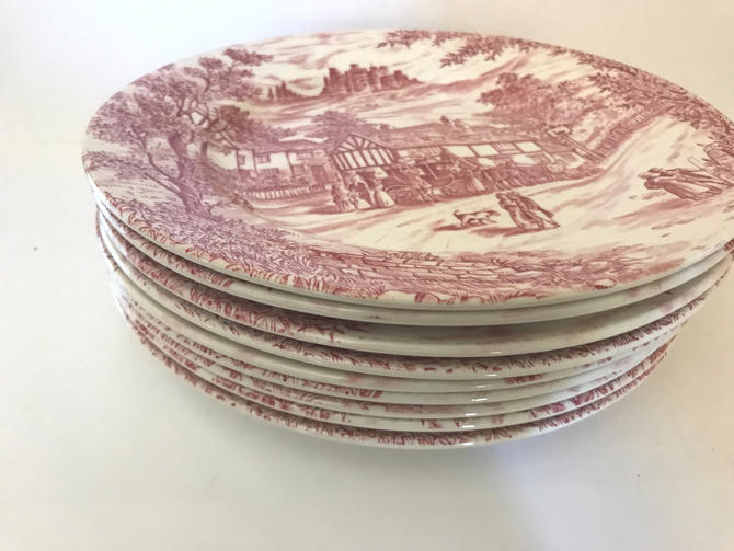 Vintage Swan Inn Red White Transfer Ware Dinner Plates Toile English Ironstone Broadhurst Staffordshire By Joanntiques From Joanntiques Of San Diego Ca Attic