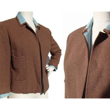 Vintage 60s Crop Jacket Brown Wool &amp; Teal Silk Bolero M 