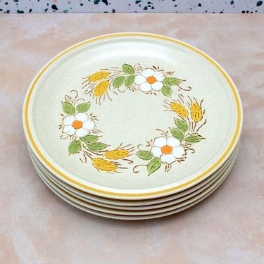 Vintage 1970s Speckled Stoneware Hearthside Garden Festival Prairie Flowers Dinner Plates - Set/5 