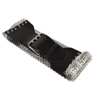 Dolce &amp; Gabbana Vintage Black Leather and Silver Tab Link Chain Wide Belt