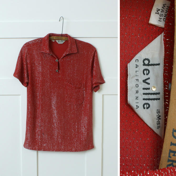 mens vintage 1950s chromespun shiny shirt • red single pocket 