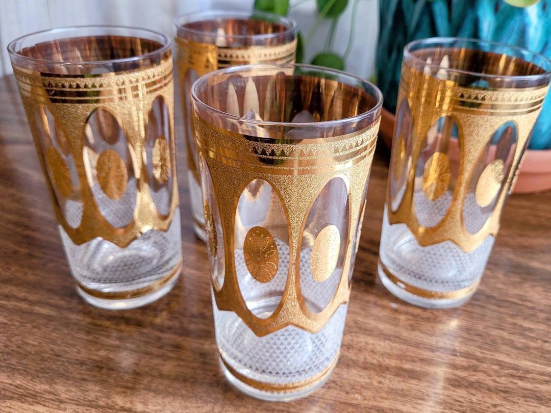 Libbey Golden factory Foliage Rocks Lowball Glasses Set of 8 MCM Vintage 22K Holiday