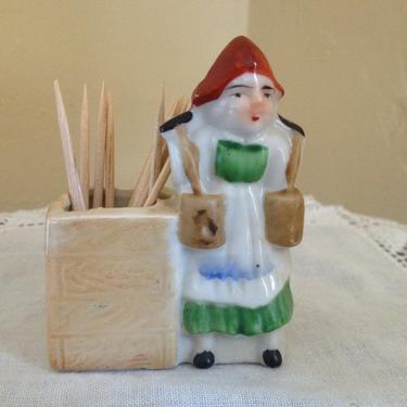 Vintage Figurine Lusterware toothpick Holder-Lady carrying water-Made in Japan 