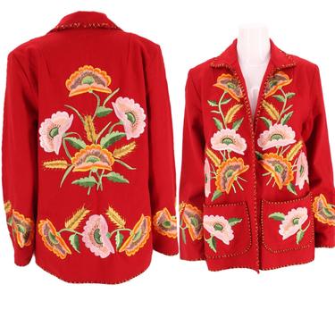 40s MEXICAN poppy embroidered wool jacket / vintage 1940s 1950s red wool floral flowers souvenir tourist jacket MEXICO 