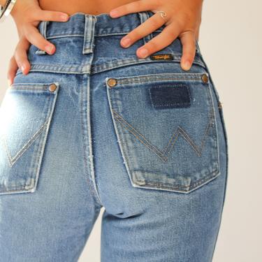 Vintage 70s Wrangler High Waisted Boot Cut Indigo Blue Jeans  