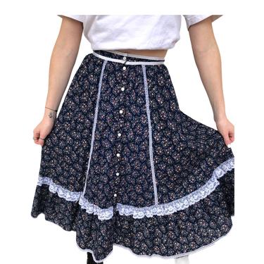 Vintage VTG 1970s 70s Gunne Sax Navy Floral Patterned Boho Skirt 