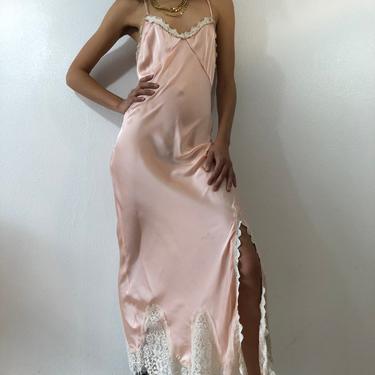 Vintage Free People Peach Polyester Lace Long Slip Dress 