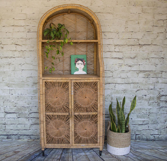 SHIPPING NOT FREE!!! Sunburst Vintage Rattan Cabinet/ Wicker Hutch ...