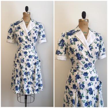 Vintage 1940s 1950s Blue Rose Wrap Dress 40s 50s Roses House Dress 