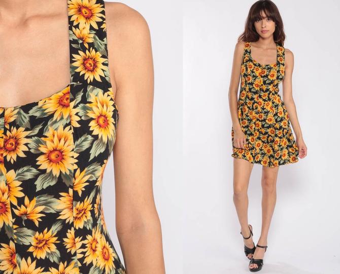 Summer Dress Mini Sundress 90s FLORAL Dress Sunflower Print Sun