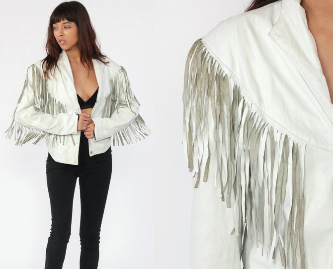 FRINGE Leather Jacket 80s Boho White Leather Jacket SOUTHWESTERN Vintage Shop Exile Tucson AZ