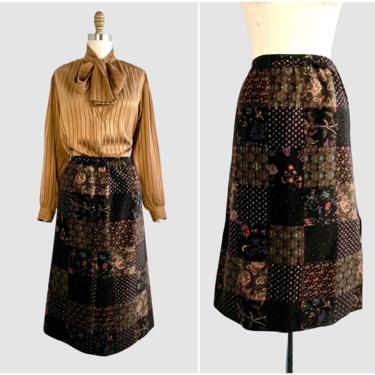 PATCH JOB Vintage 70s I Magnin Velvet Floral Patchwork Skirt | 1970s Patch Print Velveteen Midi Skirt | 60s 1960s Hippie Folk Boho | Medium 