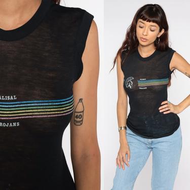 Vintage Paper Thin Shirt Black Rainbow Muscle Tee Shirt Alisal Trojans Striped Tee 80s Tank Top Sleeveless 1980s Burnout Worn Sheer Small 