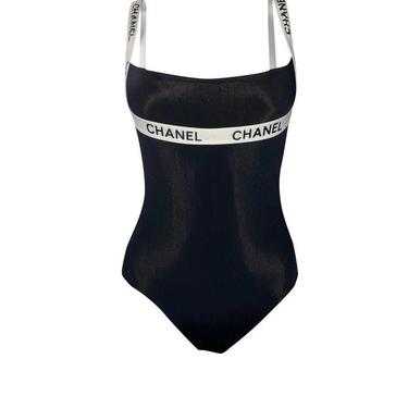 Vintage 1995 CHANEL Letter Logo ICONIC Black White Swim Suit Swimwear, Moonstone Vintage