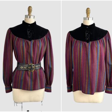 SAINT LAURENT Rive Gauche Vintage 70s Blouse  | 1970s YSL Stripe Wool and Velvet Blouson Top | Made in Paris France | Size 38 Small / Medium 