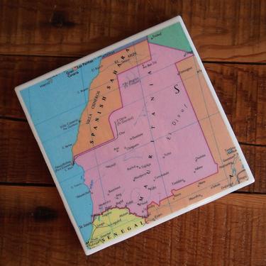 1993 Mauritania Vintage Map Coaster - Ceramic Tile - Repurposed 1990s George Philip & Son Atlas - Handmade - West Africa - African Decor 